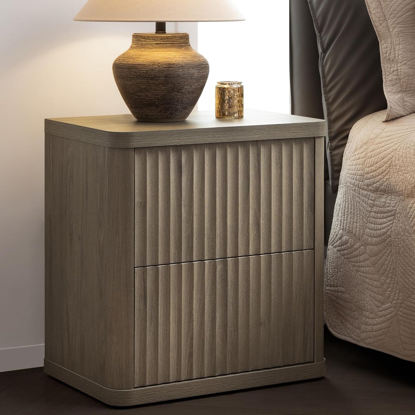 SICOTAS Night Stand Nightstand with 2 Drawers Storage Bedside Table Large Fluted Bed Side End Table Modern 24.4" Tall Wide Night Stands for Bedroom Living Room Sofa Couch Home Office, Grey Alder