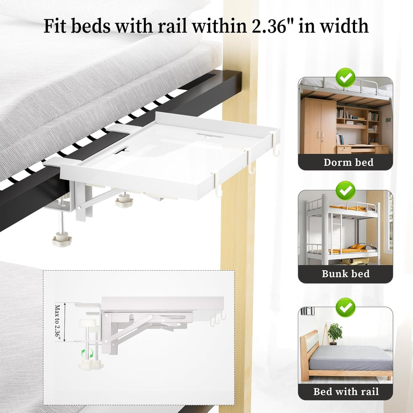 Foldable Bedside Shelf, Metal Clip-On Bed Tray Table for Bunk Bed & Dorm Beds, Dorm Room Essentials Organizer for College Students, Floating Tray, Space Saving Nightstand for Loft Beds (White, Small)