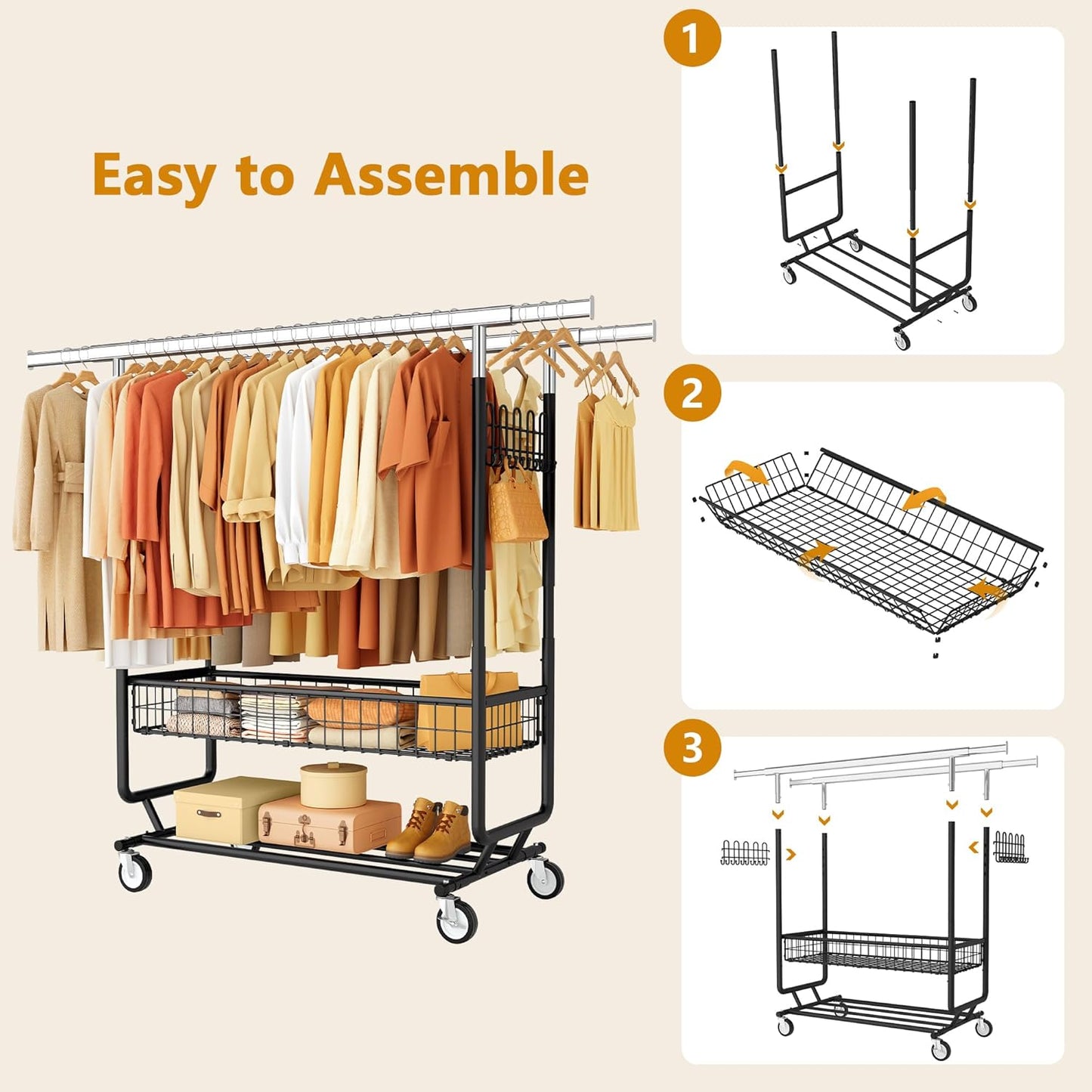 Heavy Duty Clothes Rack with Metal Basket, 720 LBS Rolling Double Rod Garment Rack, Portable Extendable Clothing Rack with Wheel for Bedroom, Laundry Room & Retail Store