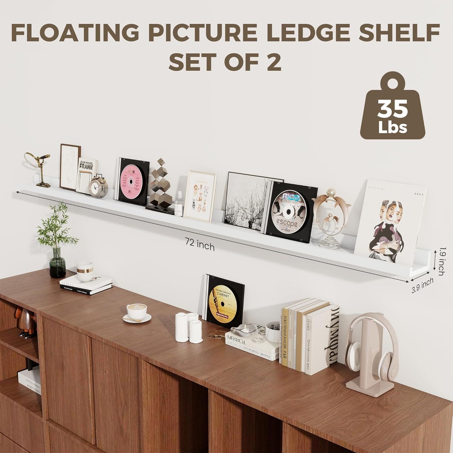 Axeman 72 Inch White Floating Shelves for Wall | Picture Ledge Shelf Set of 2 | Rustic Picture Shelf for Wall with Ledge | Floating Shelves with Lip | Photo Ledge Shelves for Books Album Records