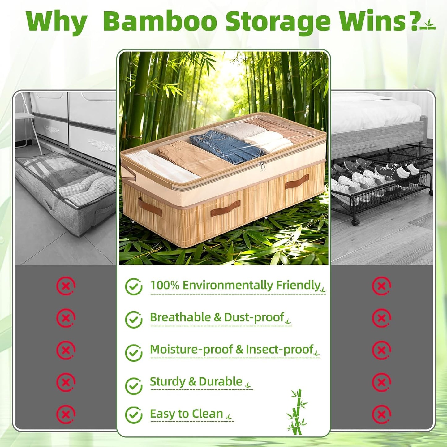 Livole Bamboo Under Bed Storage with Wheels, 6-10 inches Height Adjustable Underbed Storage Containers, 92L XXXL Large Rolling Under Bed Storage Bins for Clothes, Blankets, Sweater, Shoes, 1 Pack