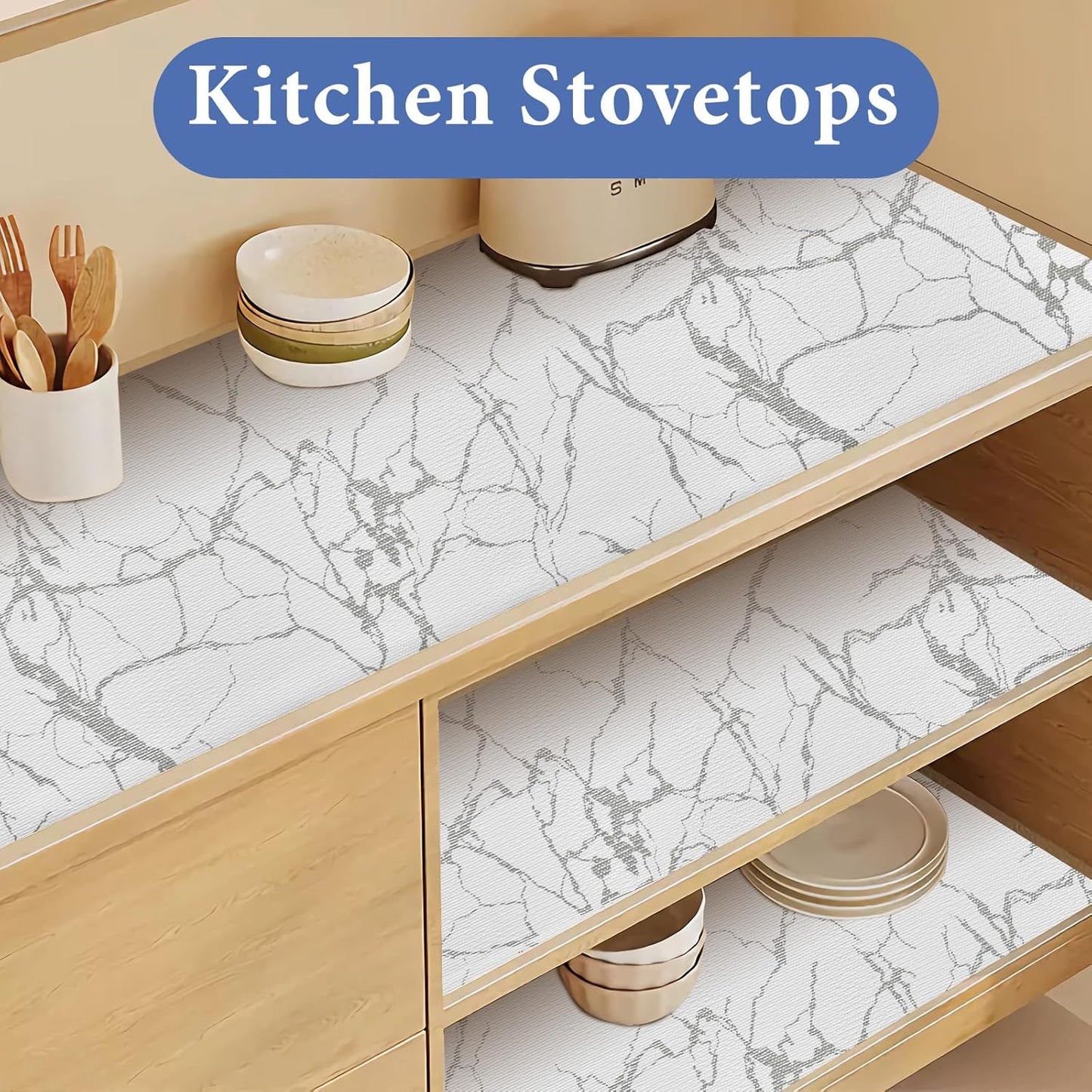 Drawer and Shelf Liner for Kitchen Cabinet: 17 in X 30 Ft Non Slip Waterproof Shelf Paper Non Adhesive Refrigerator Liners Silver Marble Easy Liners for Bathroom with Knife Tape Measure