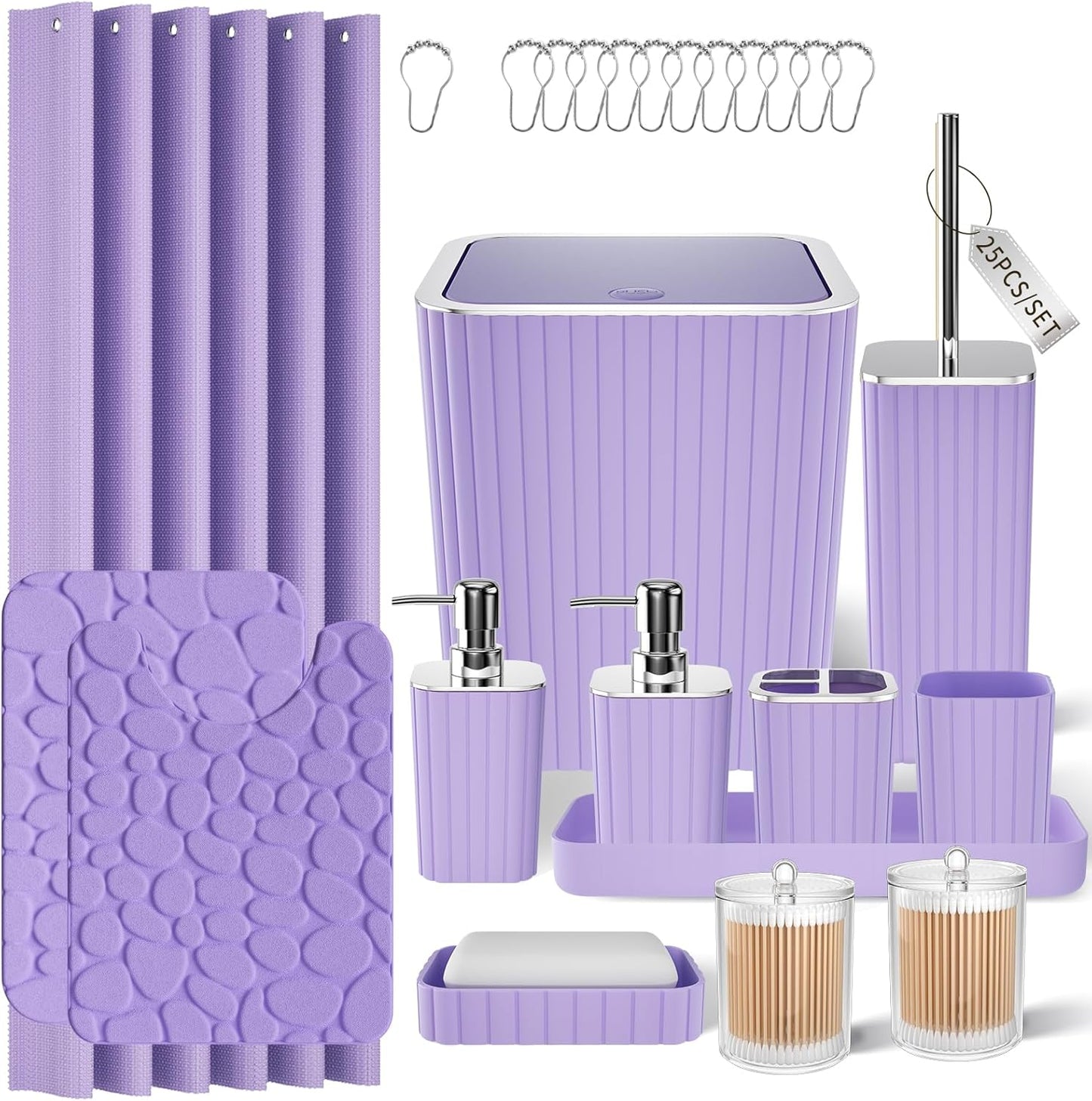 Bathroom Accessories Set - 25PC Bathroom Sets with Shower Curtain and Rugs, Purple Bathroom Accessories with Trash Can, Soap Dispenser, Soap Dish & Toilet Brush
