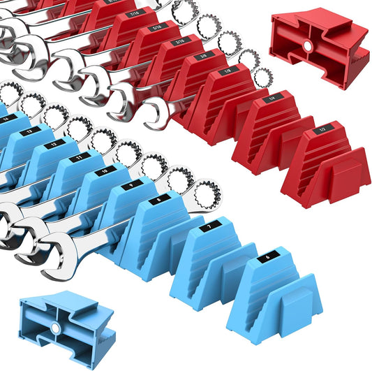 48PCS Magnetic Modular Wrench Organizers for Tool Drawers - Red & Blue - Wrench Rack with Metric & SAE Labels, Customizable Magnet Tool Storage Holder for Tool Box Organization
