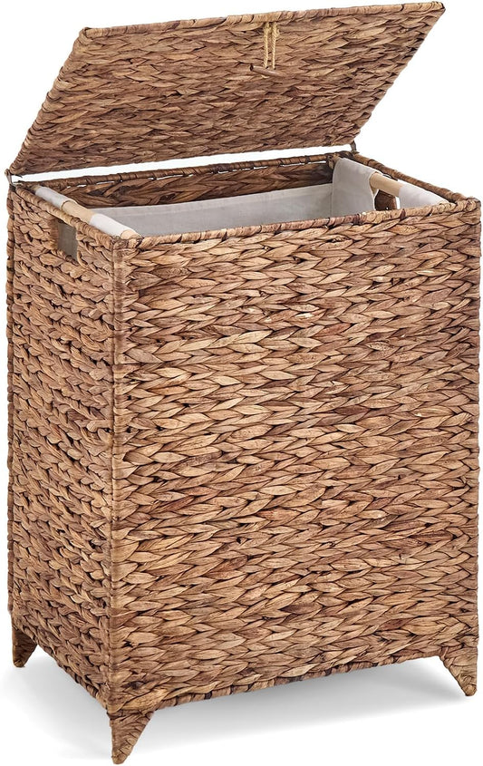 Large Laundry Hamper with Lid, Handwoven Hyacinth Rattan Clothes Hamper with Removable Liner Bag, Heightened Feet Wicker Laundry Basket for Bathroom, Bedroom, Living Room and Laundry