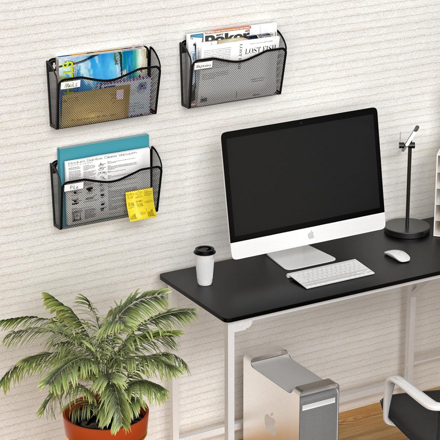 Wall File Organizer, Mesh Hanging File Organizer, Home Office Organization and Storage, 3 Single Pockets Document Magazine Rack