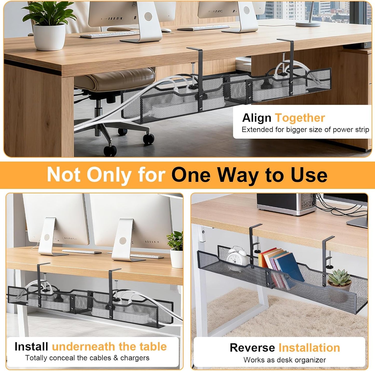 30'' Under Desk Cable Management - No Drill Installation Cable Management Tray, Modern Cord Organizer for Office/Home Desk, Fits Power Strips & Wires(Black, XXL)