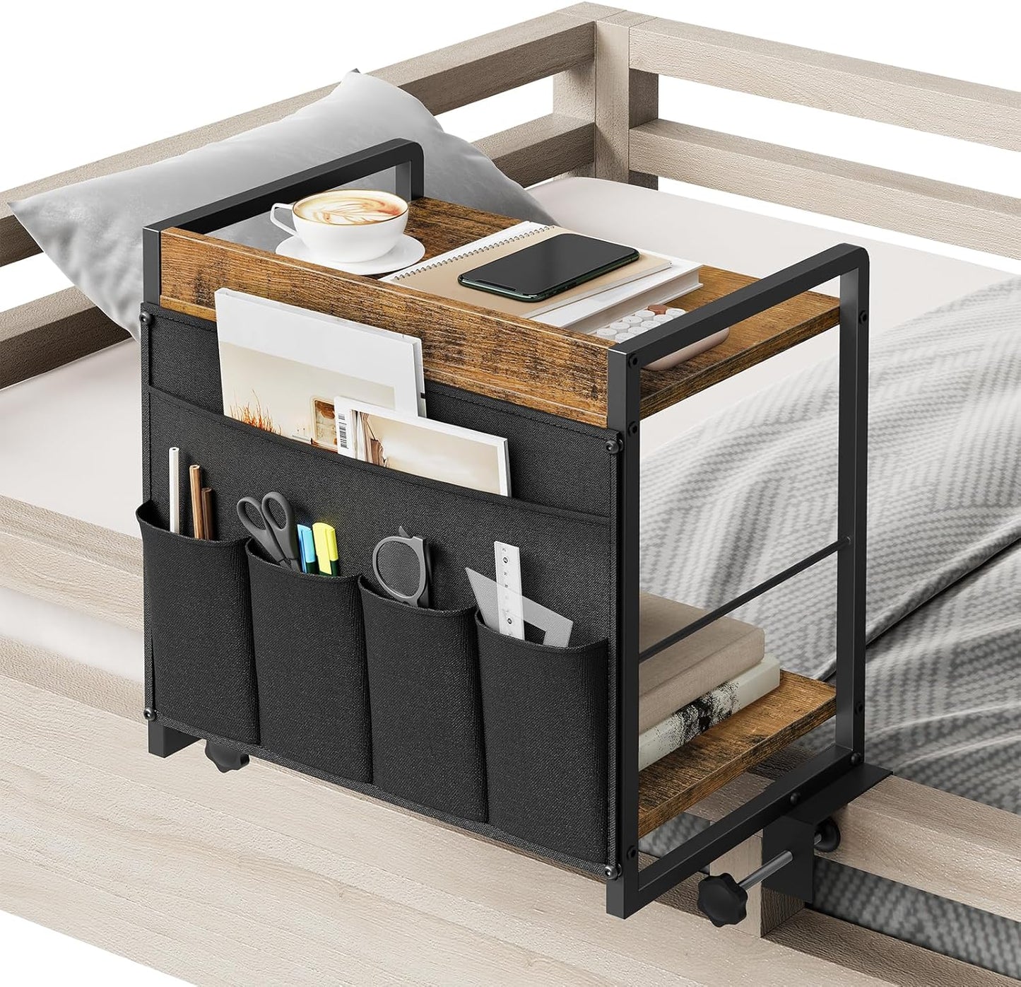 2-Tier Bedside Shelf, Bed Tray Shelf with Fabric Pockets Storage, Clip-on Loft & Bunk Bed Shelf for College, Nightstand for Sofa, Bedroom, Apartment, Rustic Brown and Black ET20BR