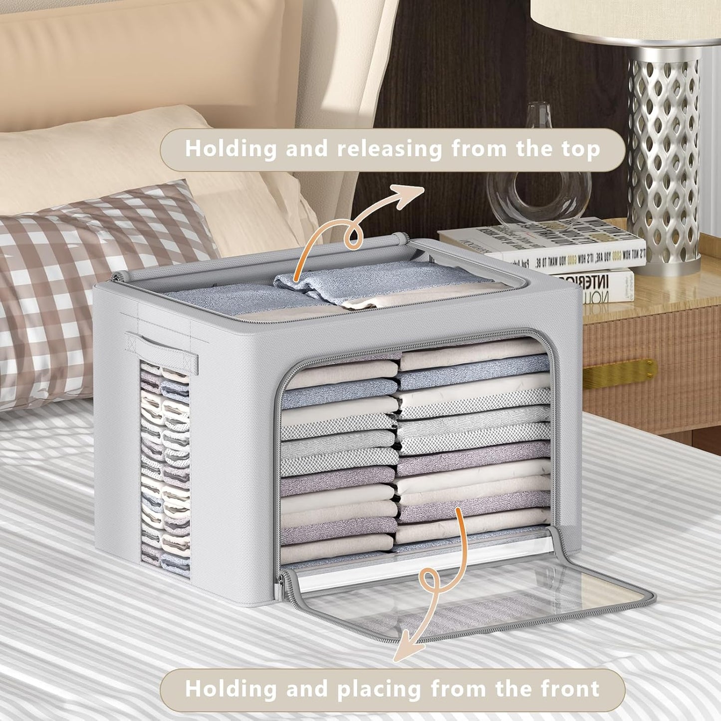 CYhom 3Pack Frame Storage Box - Clothes Storage Bin Bags Oxford Fabric Foldable Stackable Container Organizer Set with Clear Window & Carry Handles (Grey, X-Small-36L)