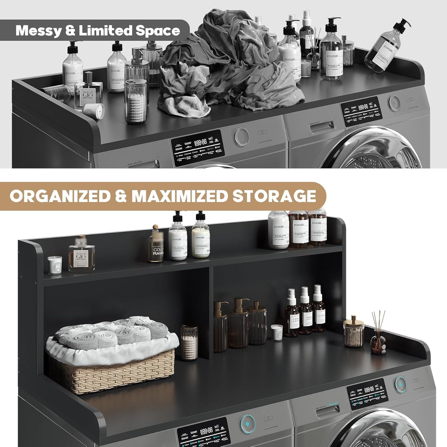 2-Tier Washer Dryer Countertop, 18.5" Raised Height Laundry Countertop with Edge Rails and Non-Slip Pad, 54"W x 27.55"D Washer and Dryer Topper for Laundry Room Storage Organization (Black)