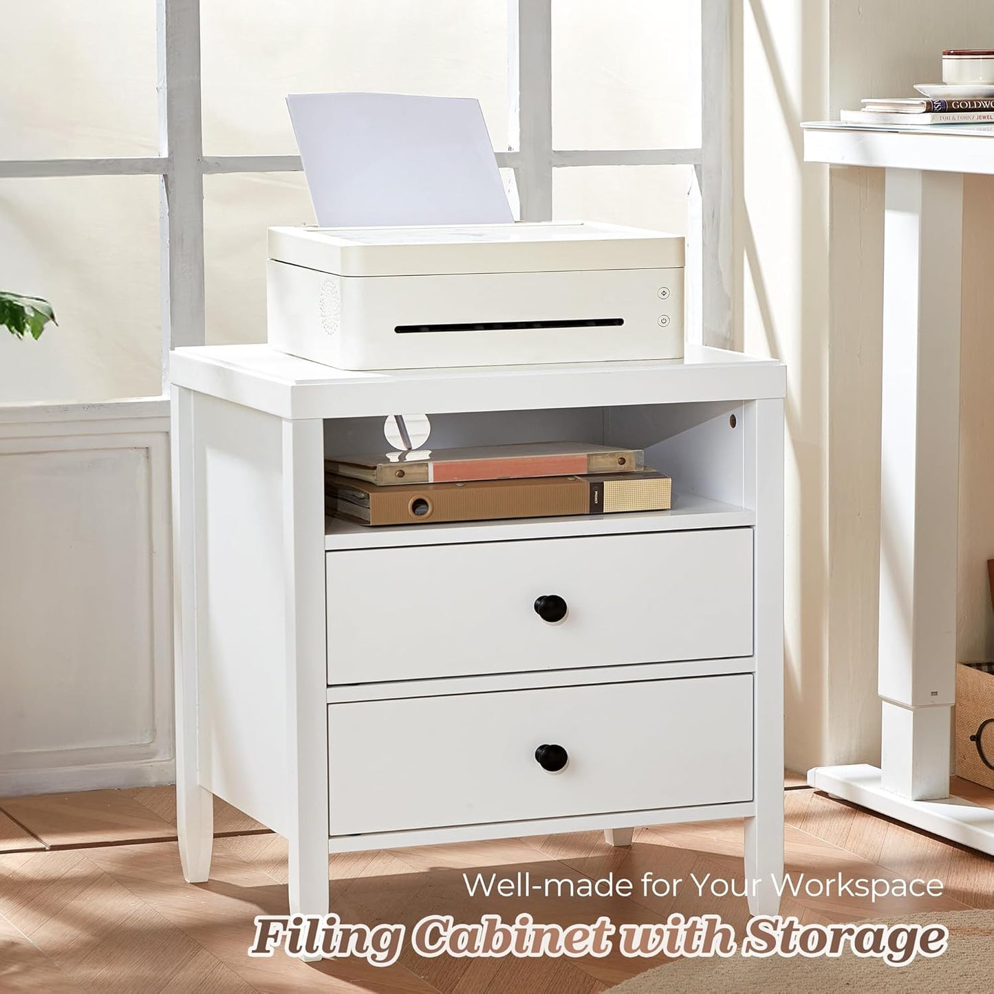 Huuger Nightstand with Charging Station, White Nightstand with 2 Drawers, Bed Side Table for Bedroom, Bedside Table with Storage, Modern Nightstands, Metal Knobs, Painted Surface