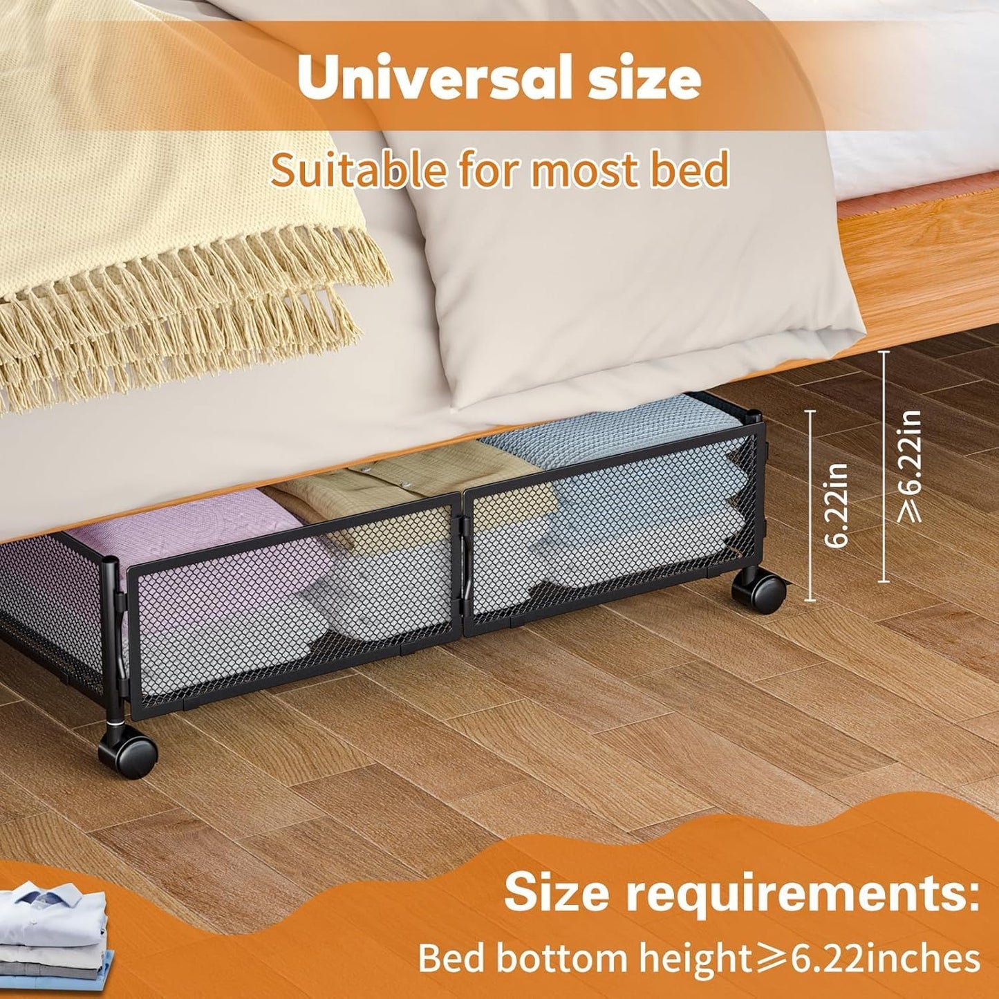 Under Bed Storage with Wheels, Rolling Under Bed Storage Bins for Shoes Clothes, Foldable and Easy Mobility (4 Pack, Black)