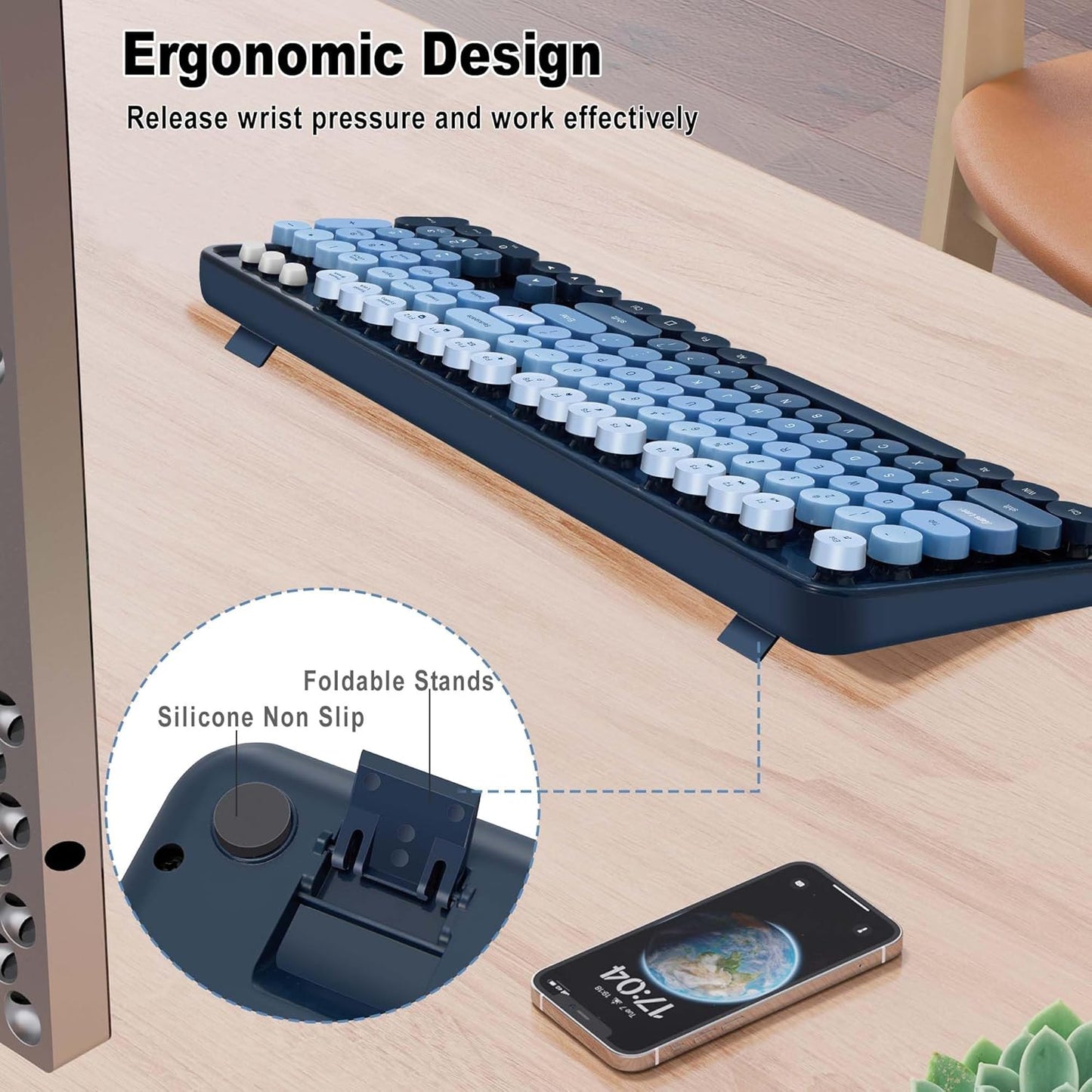Wireless Keyboard and Mice Combo,Retro Round Keys Full-Sized Cute Keyboard, 2.4Ghz Dropout-Free Connection and Optical Mouse for Windows, Mac, PC, Laptop, Desktop (Blue-Colorful)