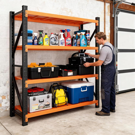 79" H Garage Shelving,4000LBS Heavy Duty Storage Rack,4 Tiers Metal Storage Rack Shelf, Adjustable Shelving Unit for Garage,Kitchen,Warehouse,Basement,78.7" H x 59" W x 19.6" D,Black&Orange