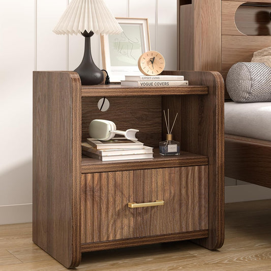 Night Stand with Charger Station, Fluted Wood Nightstand with Drawer Storage, Modern Bedside Table, Wide Nightstands for Bedroom, Mid Century Wooden Night Stands for Home Office Sofa Couch