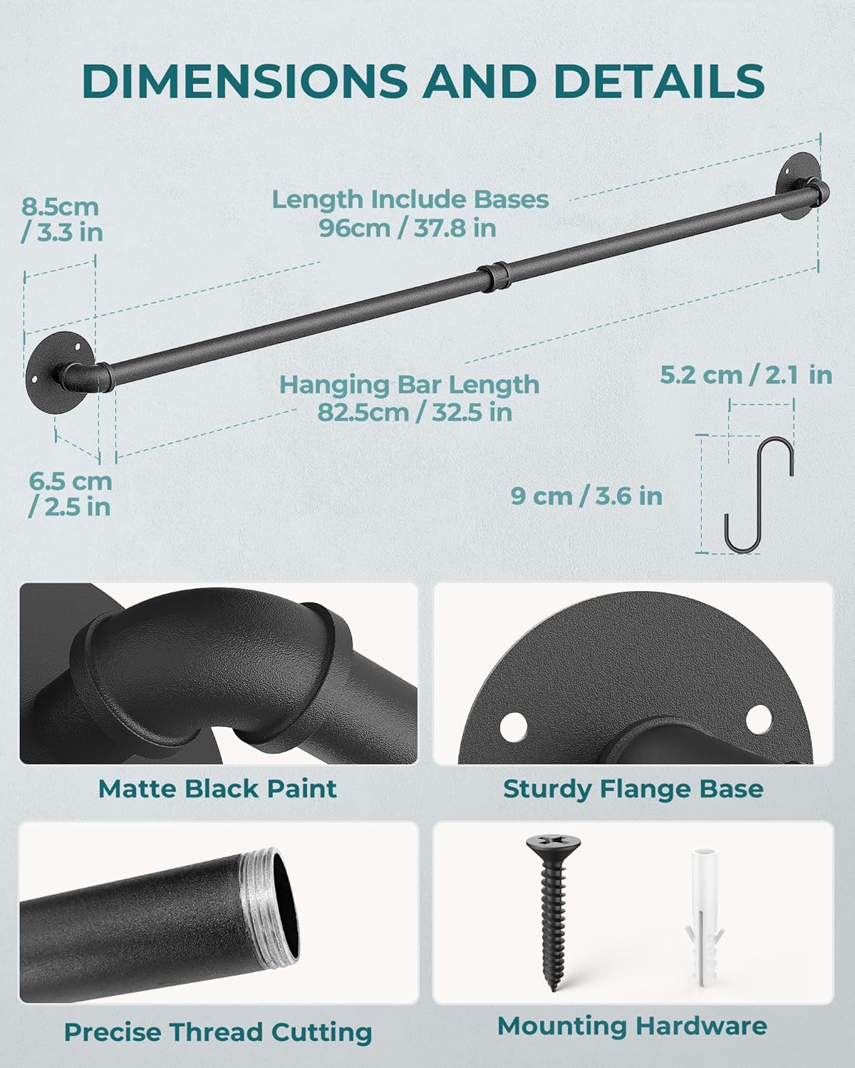 OROPY 38 inch Pot Bar Rack Wall Mounted Detachable Pans Hanging Rail Kitchen Lids Utensils Hanger with 14 S Hooks Black