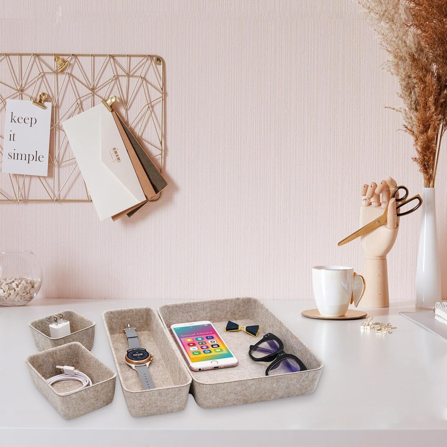 Welaxy 8-piece Nordic Beige desk drawer organizer tray office suppliers pens decluttering aesthetic wabi-sabi Scandinavian-chic storage bin hygge sleek minimalist gift solutions (Oatmeal)