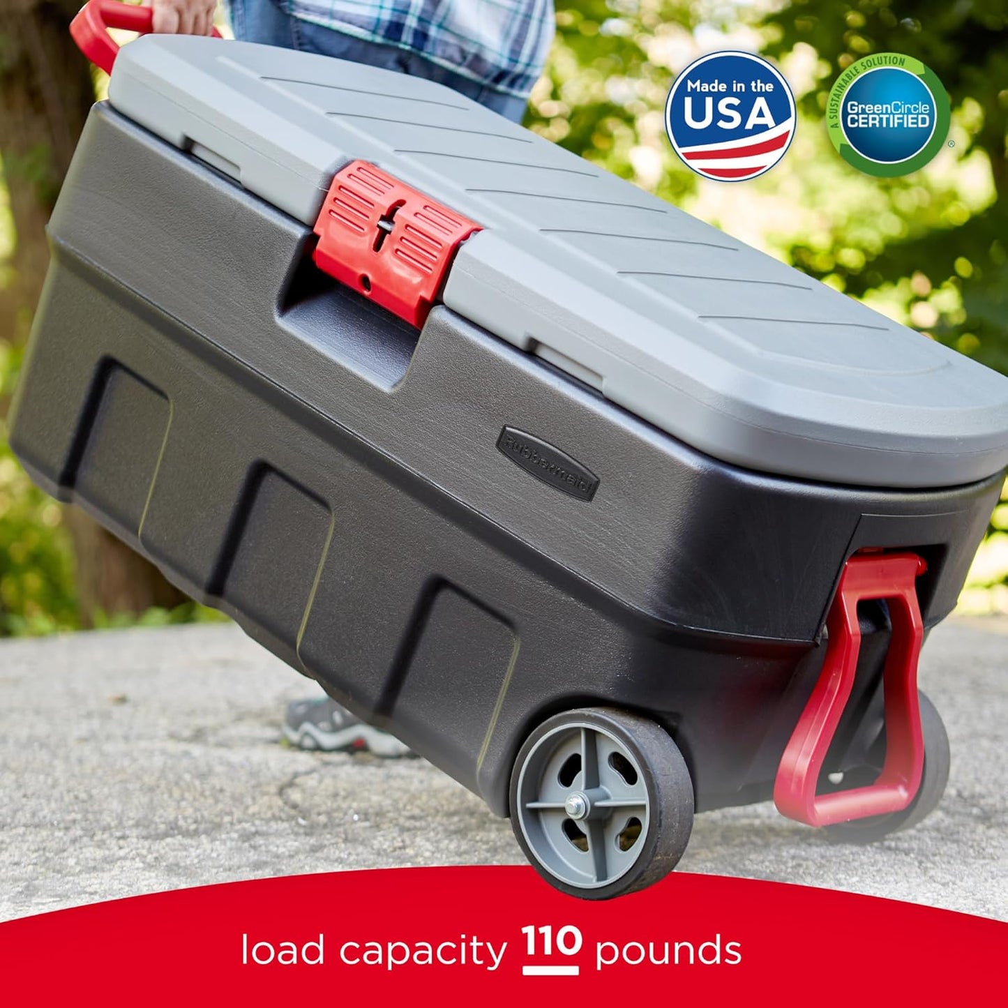 Rubbermaid ActionPacker 35 Gallon, Made in USA, Lockable Plastic Storage Bin with Lid and Wheels- Outdoor, Industrial, Rugged, Camping Gear and Truck Bed Storage - Gray and Black