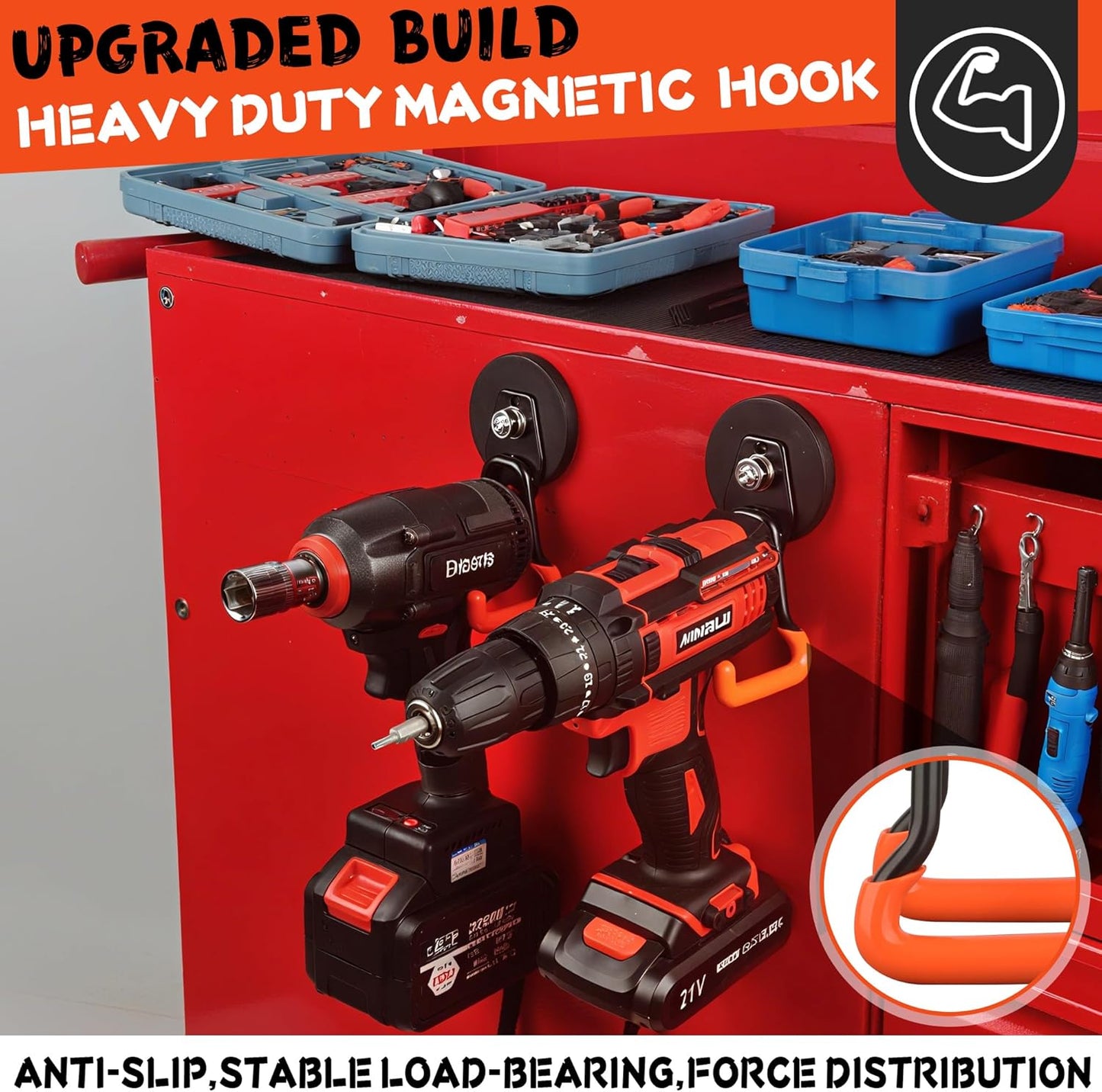 ULIBERMAGNET New Upgraded Heavy Duty Magnetic Garage Hooks,4 Pack Strong Large Magnet Hooks for Power Drill,Garden Tools,Hose,Pegboard,Garage, Workshop,Magnetic Storage Hook for Hanging(Orange)