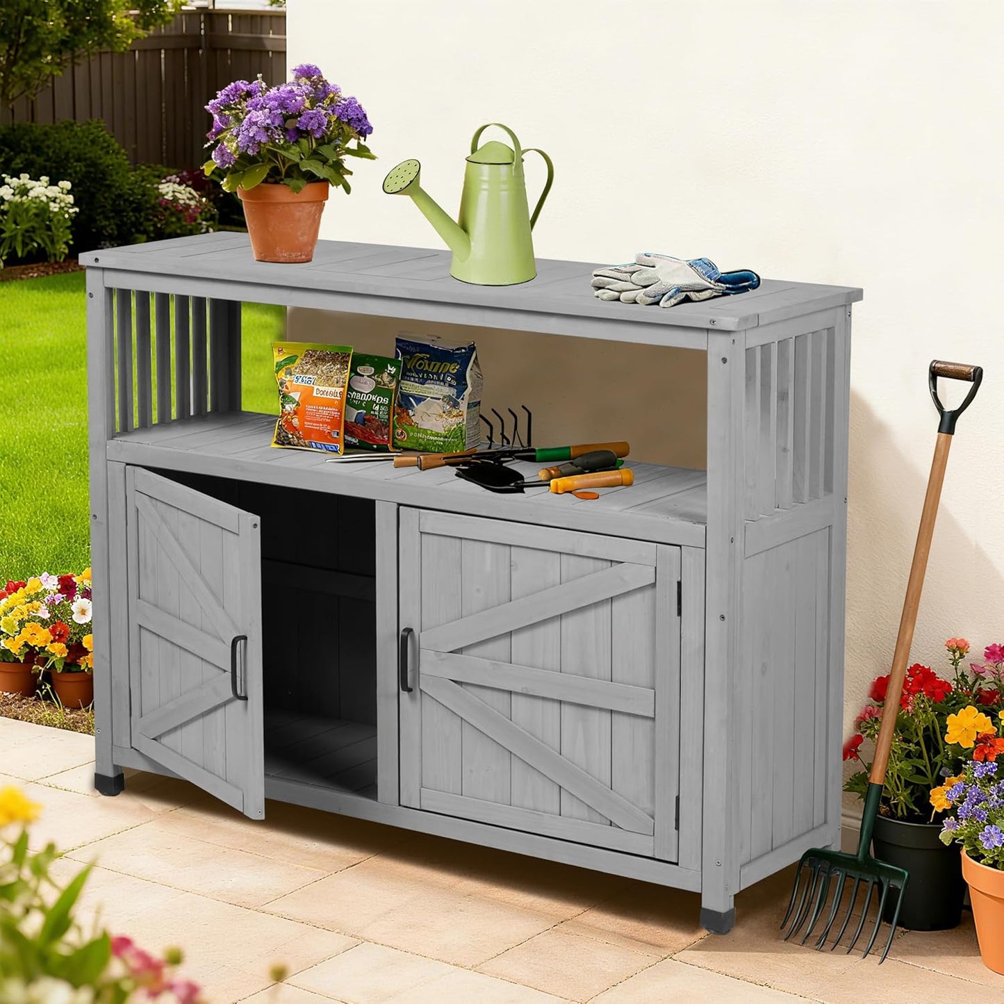 Outdoor Potting Bench with Storage Cabinet and Metal Top, Wood Workstation for Outdoor Patio, Garden (Grey, 42×18×37")