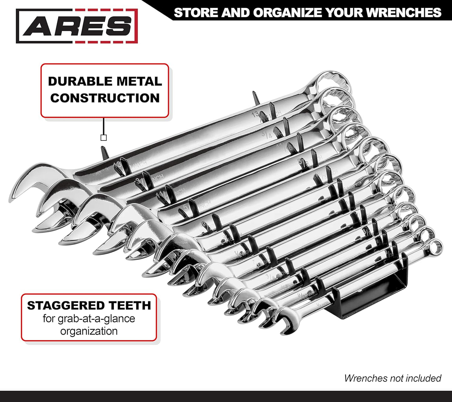 ARES 62006-12-Slot Metal Magnetic Wrench Organizer - Sturdy Metal Rack Stores up to 12 SAE and Metric Wrenches and Keeps Your Garage Organized