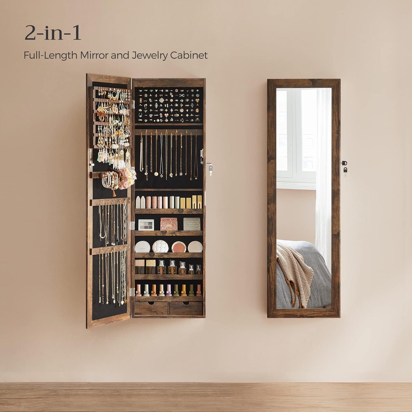 SONGMICS 6 LEDs Mirror Jewelry Cabinet, 47.2-Inch Tall Lockable Wall or Door Mounted Jewelry Armoire Organizer with Mirror, 2 Drawers, Christmas Gift, 3.9 x 14.6 x 47.2 Inches, Rustic Brown