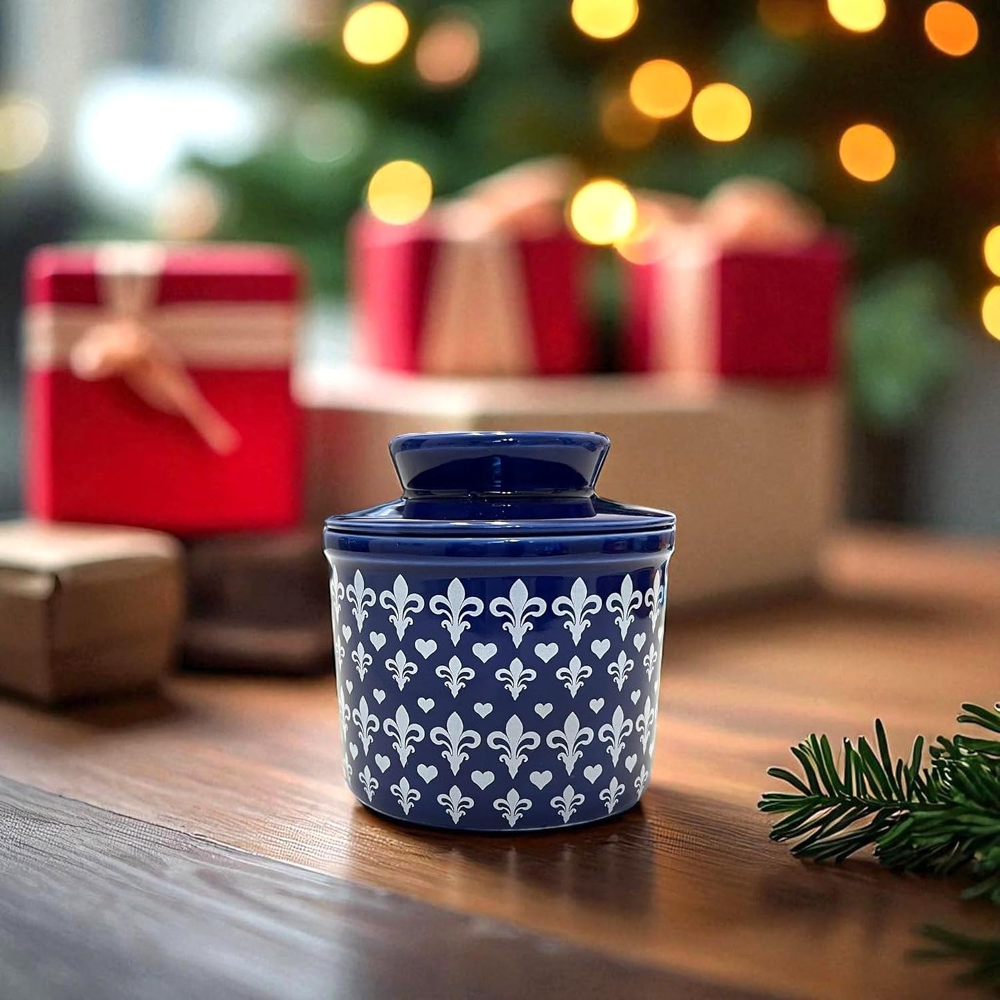 Butter Crock with Lid for Countertop, Butter Keeper Crock with Water, French Butter Dish Ceramic, Butter Holder with Lid for Spreadable Butter, Butter Container for Counter (Blue Fleur, Navy)