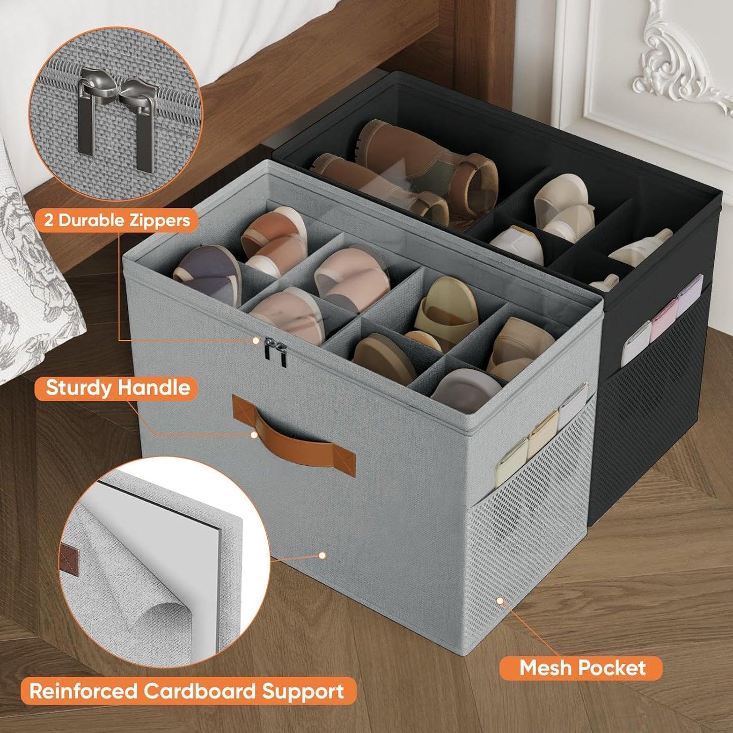Shoe Organizer for Closet, 2 Pack Foldable Shoe Storage Organizer with Adjustable Dividers, Shoe Storage Box with Clear Cover, Fits up to 16 Pairs, Black & Gray