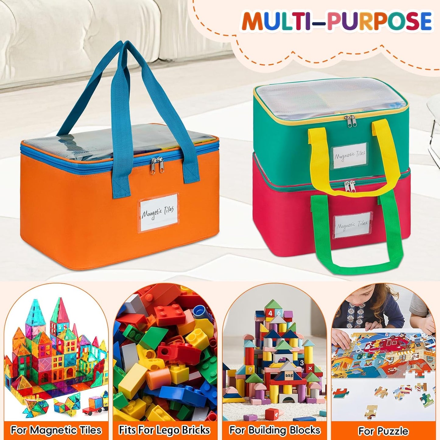 3 Packs Large Magnetic Tiles Storage Bags,Magnetic Tiles Storage Bin,Toy Organizer Case with Mesh Pocket and Tag Pocket for Magnet Building Tiles,Board Game,Puzzle and Lego Bricks
