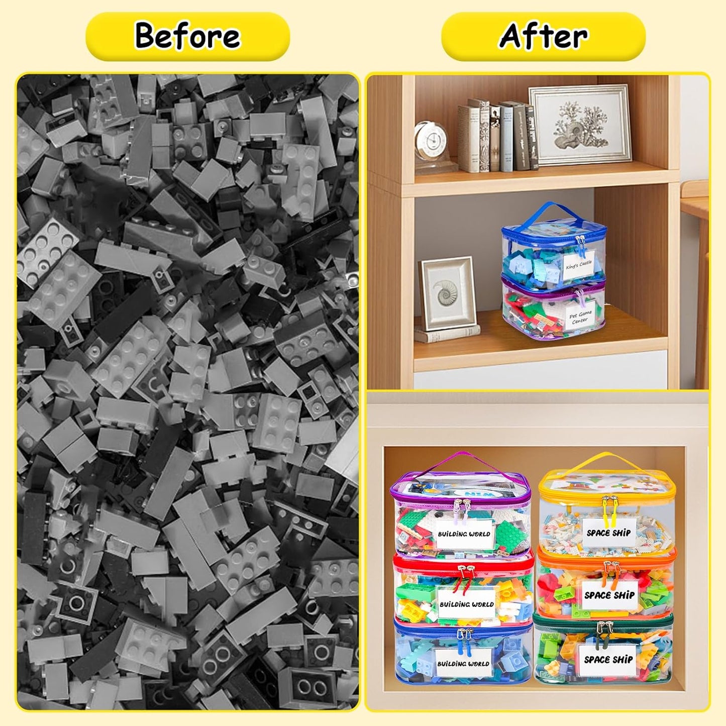 6 Pack Clear Toy Storage Bag with Name Tag& Manual Pocket, Waterproof Transparent PVC Toy Organizer Case for Lego Bricks, Board Games, Building Blocks, Puzzles (Large Capacity, Colorful)
