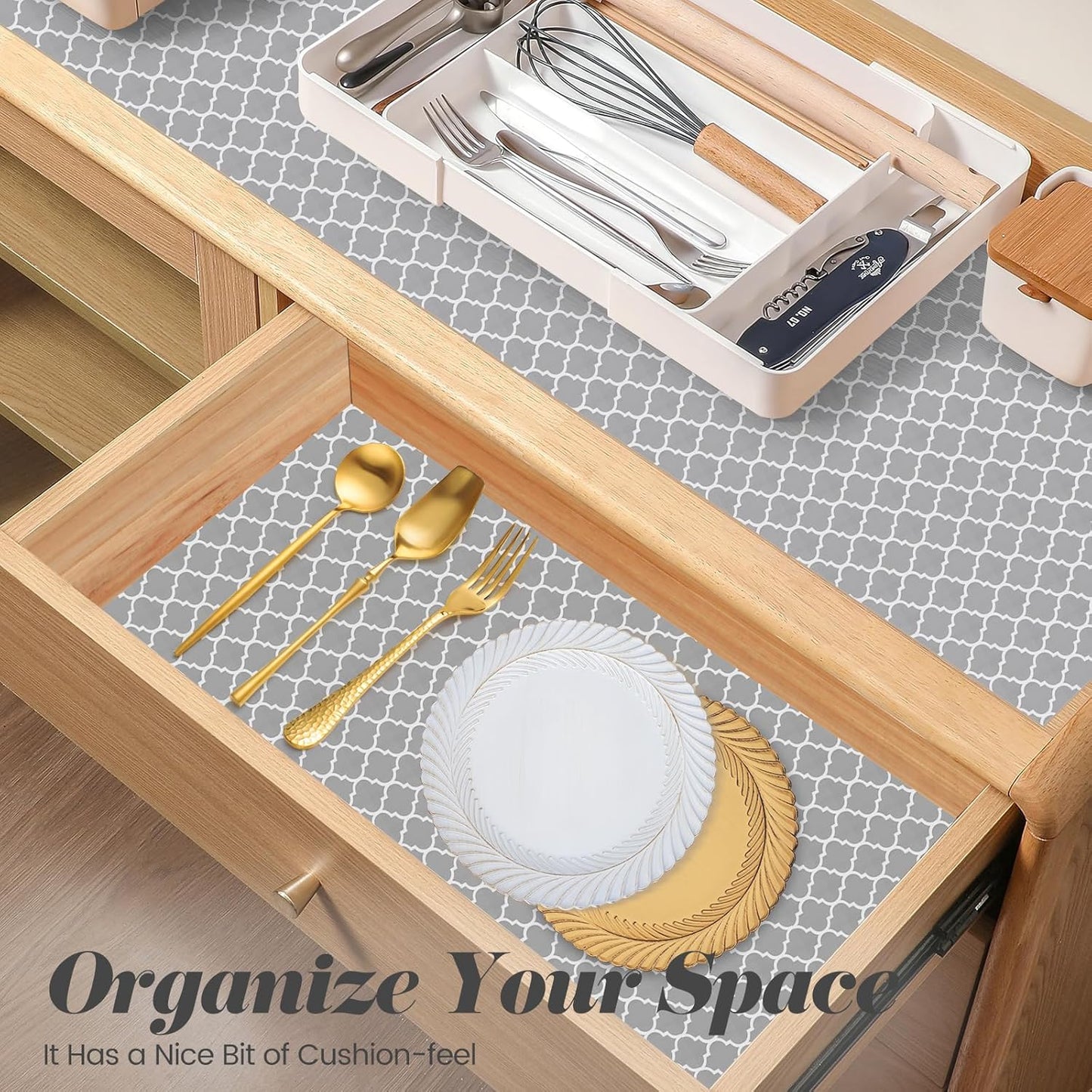 Drawer Shelf Liner for Kitchen Cabinets, Non Adhesive Slip Resistant Shelf Paper Easy to Clean, Strong Grip Thickened Waterproof Washable Mats for Pantry Shelves Cupboard Dresser, 24 in x 20 FT