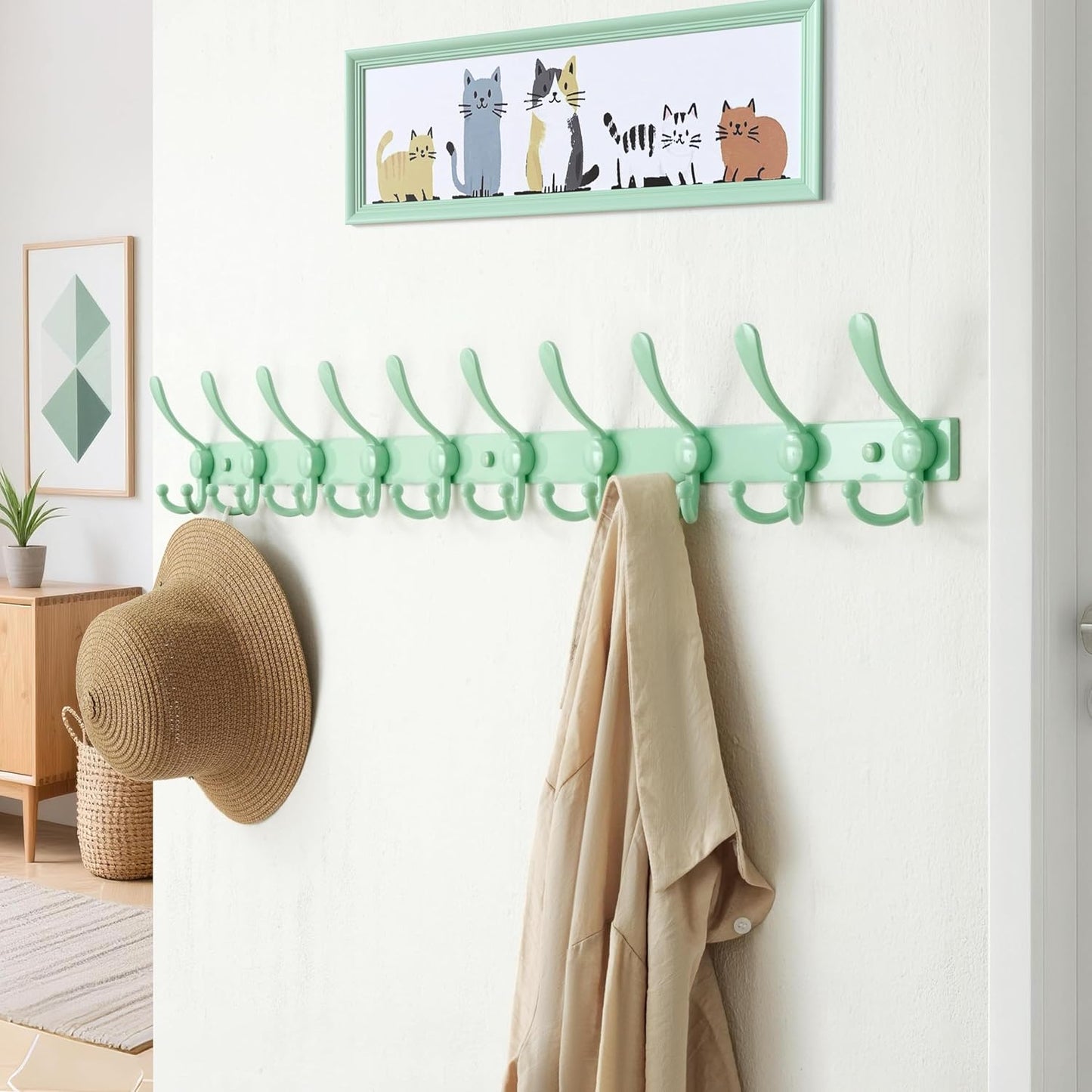 Dseap MaxStrong 2.0 Coat Rack Wall - 37” Long 10 Tri Hooks - Ultra Heavy-Duty Stainless Steel Wall Mount Coat Hanger, Hook Rail for Clothes Hats Jacket Towels Green, Pack of 2