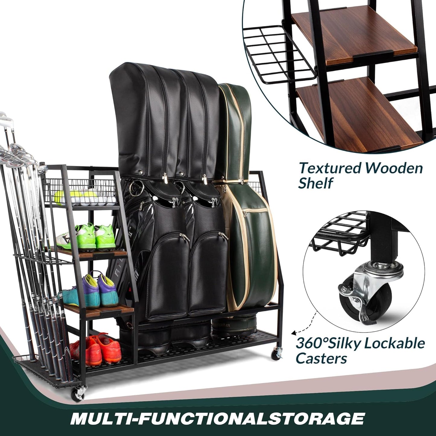 Golf Bags Storage Garage Organizer, Golf Bag Rack Fits 2/3 Golf Bags and Golf Equipment Accessories, Golf Club Storage Stand with Wooden Shelf and Lockable Wheels for Garage Indoor Basement