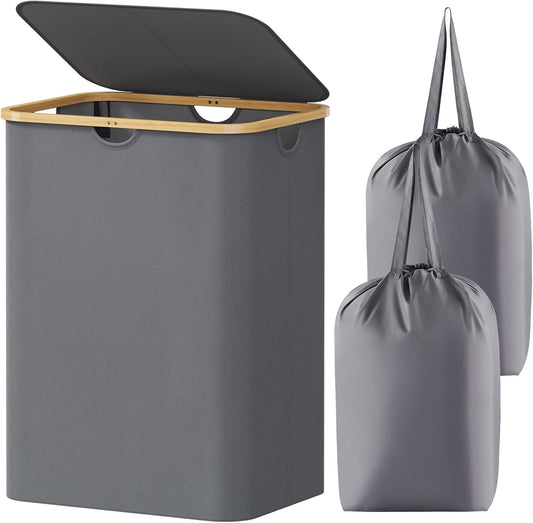 Lifewit 150L Laundry Basket with Lid, Clothes Hampers for Laundry with Bamboo Handles and 2 Removable Bags, Large Foldable Laundry Hamper for Bedroom, Bathroom, Dorm, Grey