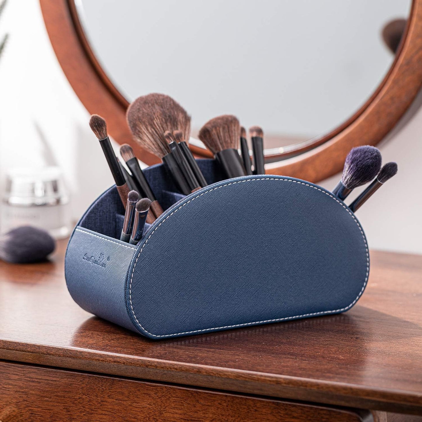 BONNY DODO Remote Control Holders Organizer Box with 5 Compartment PU Leather Multi-functional Office Desk Storage Caddy Store (Blue)