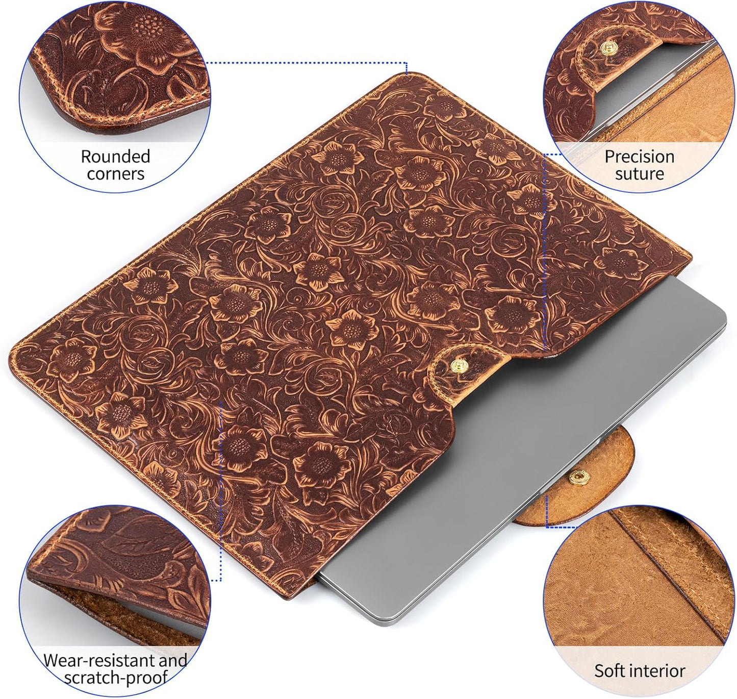 Genuine Leather Laptop Sleeve,Compatible with MacBook Pro 13 Inch M2 M1(2025-2016)＆MacBook Air 13 Inch M4 M3 M2 M1(2025-2018),Vintage Protective Computer Case with Floral Pattern,Brown