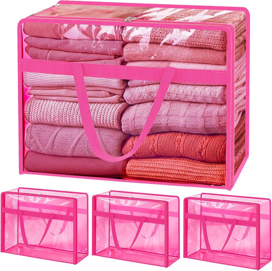 SGHUO Clear Storage Bags 60L Extra Large Plastic Vinyl Blanket Storage Bag for Clothes, Comforter, Bedding, Moving Bags with Zipper and Reinforced Handle (4pcs, Pink)