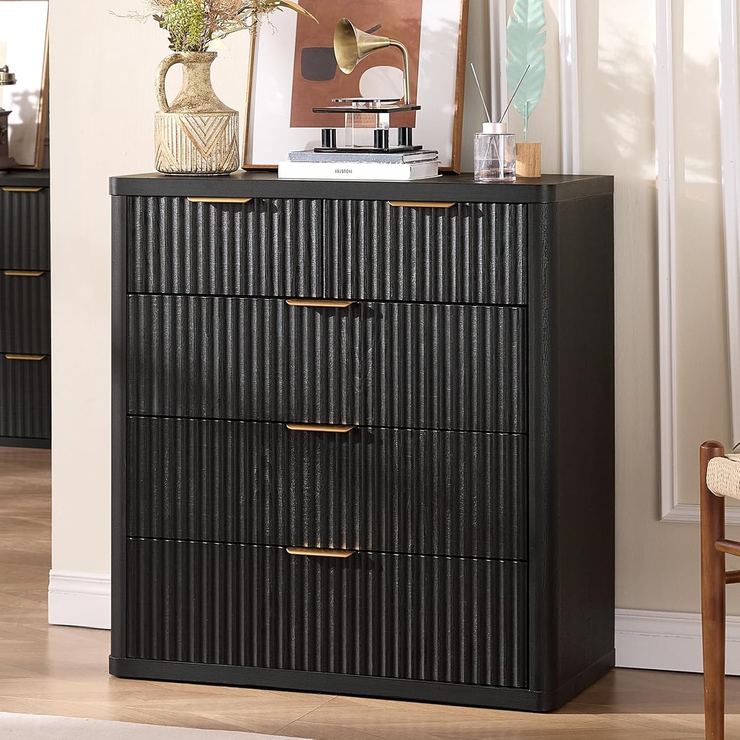 LEYAOYAO Fluted 5 Drawers Dresser for Bedroom Set of 2, 34" Tall Modern Chest of Drawers with Metal Handle, Curved Profile Design,Black Wood Drawer Organizer for Bedroom, Living Room, Hallway