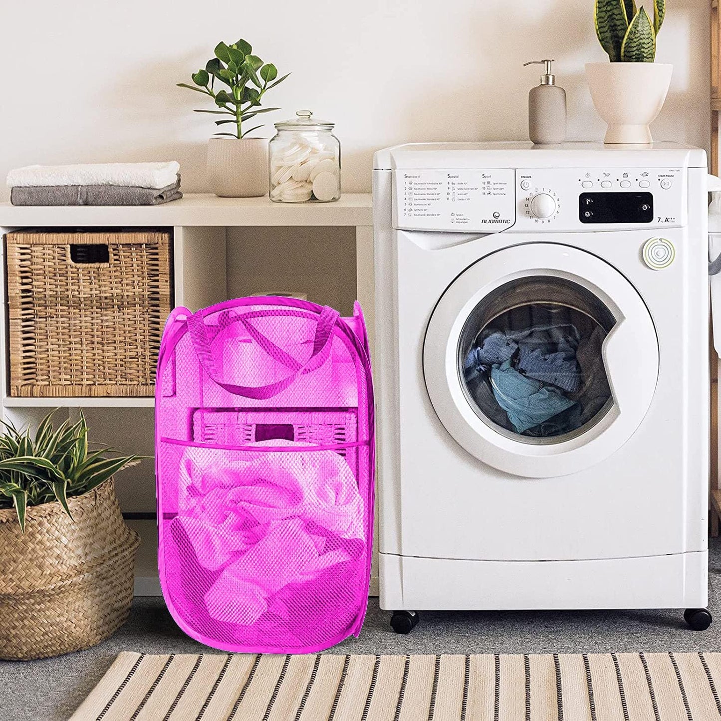 Larpur 2Pack Foldable Popup Laundry Basket, Collapsible Portable Mesh Clothes Washing Laundry Hamper with Reinforced Carry Handles (Pink)