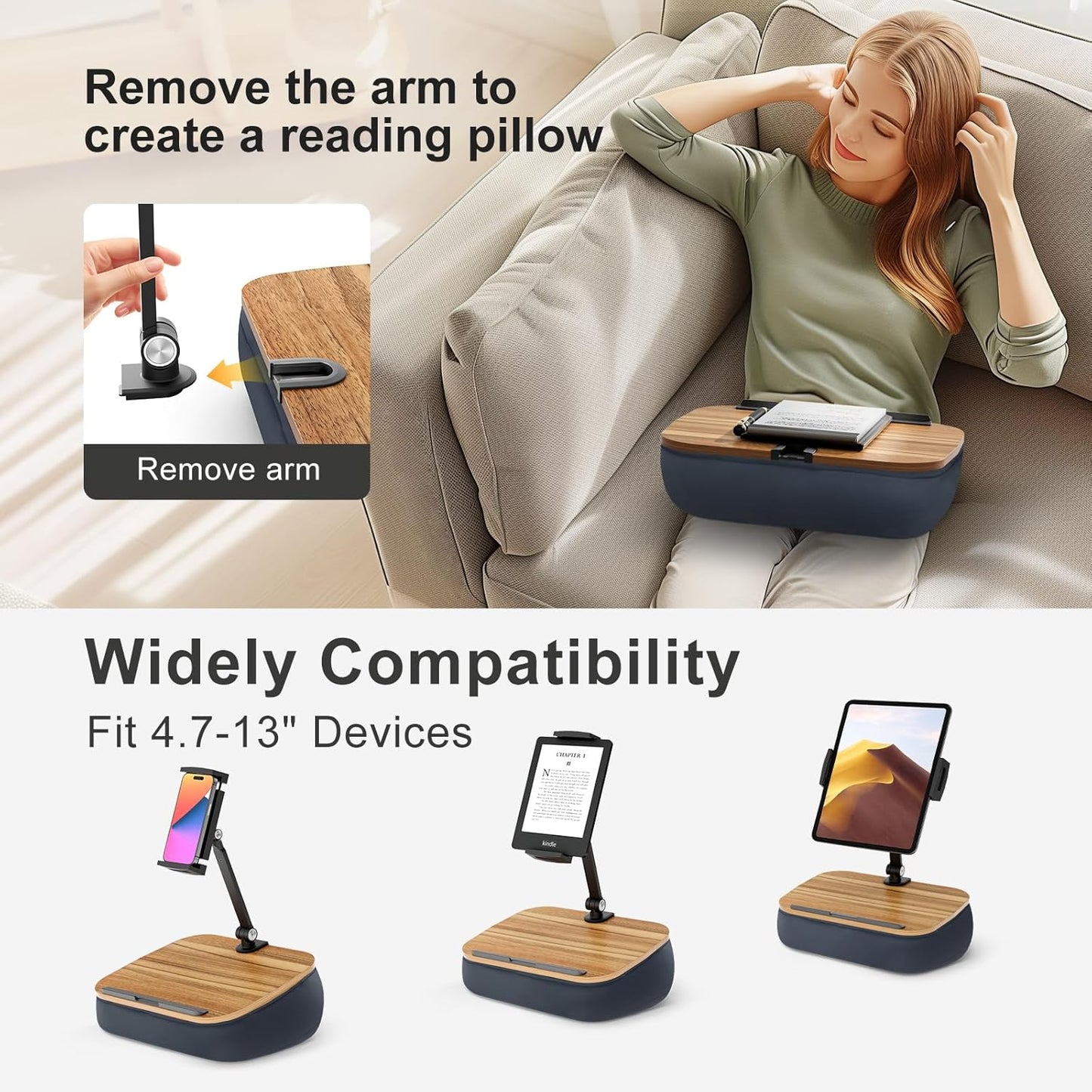 Lap Beanbag Cozy Kindle Pillow Stand for Bed with Adjustable Arm, 360° Tablet Holder, Fits 4.7"-13" Kindle, iPad, Phone, Lap Desk for Hands Free Reading in Bed, Couch, Sofa,Gray