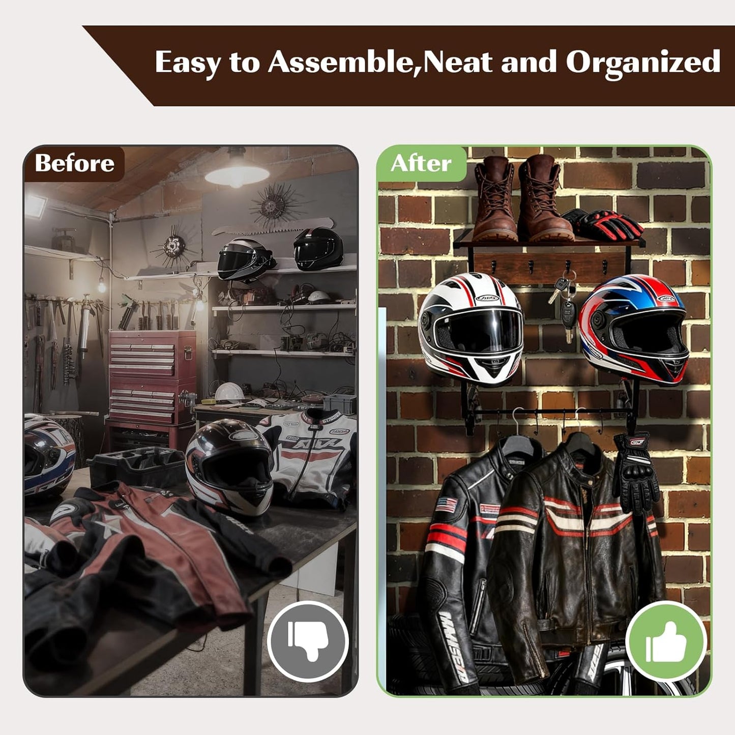 Motorcycle Helmet Holder Wall Mount, Wooden Helmet Display Stands with Metal Frame Tiered Organizer,with 2 Helmet Rack,4 Glove Chips and 8 Hooks for Motorcycle Gear Accessories Storage