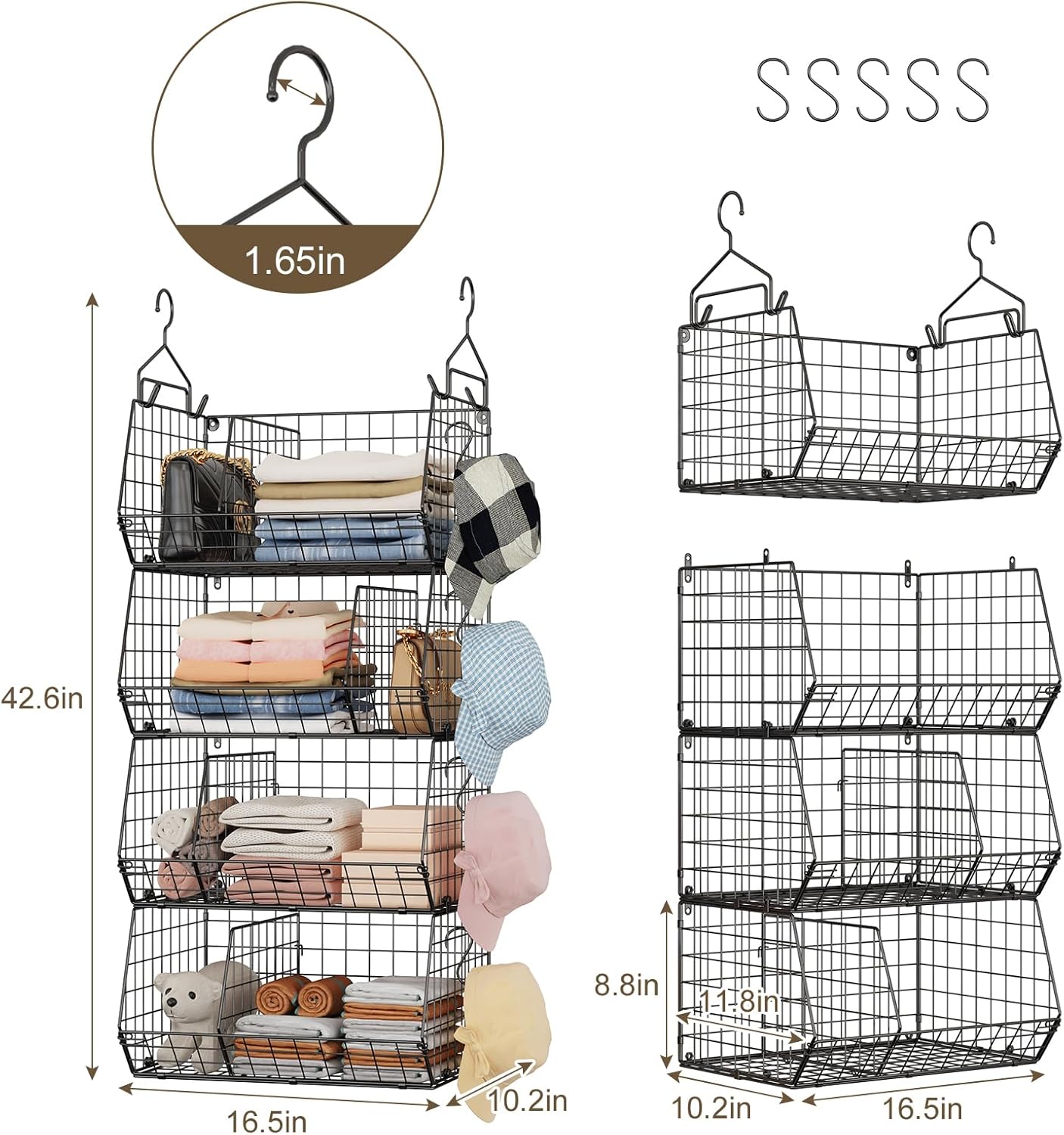 4 Tier Hanging Closet Organizer with Dividers,Extra Large Storage Hanging Shelf with 5 S Hooks 4 Dividers,Hang on Wire Closet Shelving Clothes Organizer-Black