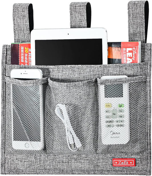 Linen Bedside Caddy, Bedside Storage Organizer for Hospital Beds, College Dorm Rooms or Baby Bed (Classic 4 Pockets Grey)