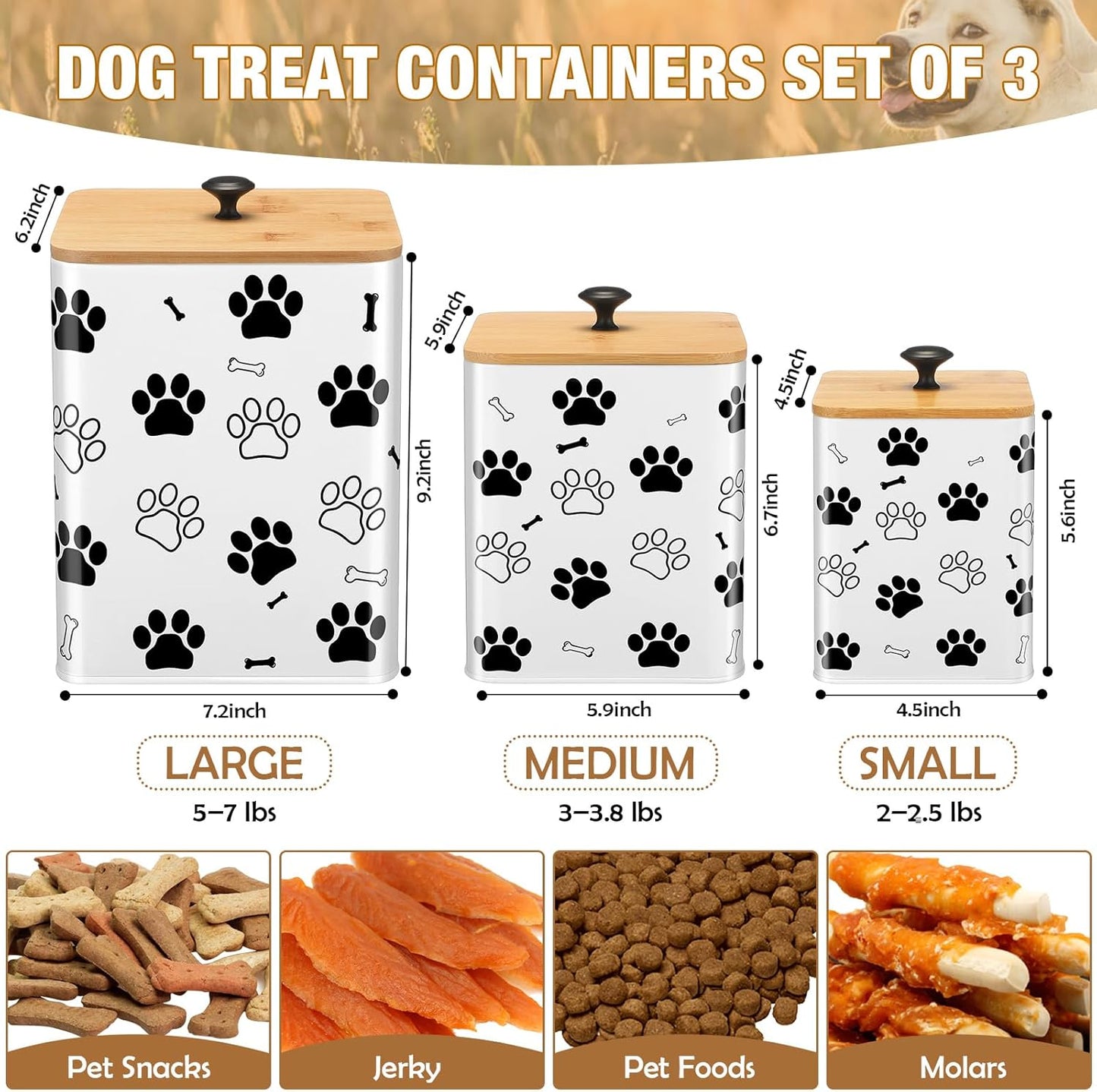 Airtight Dog Food Containers with Bamboo Lids, Metal Dog Treat Jars Canisters for Kibble, Biscuits, Snacks, Cookies, Pet Food Storage Set for Kitchen Counter Christmas Gift(White)