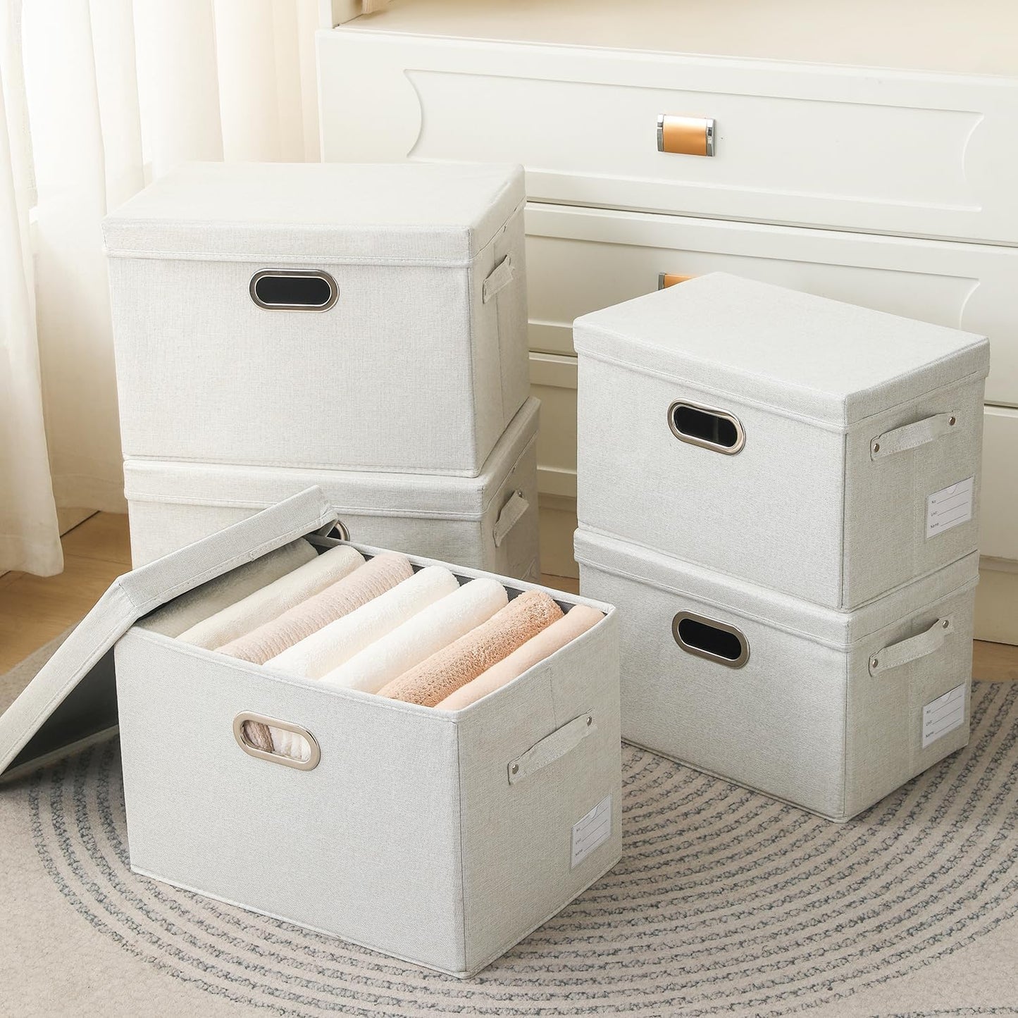 PRANDOM Collapsible Storage Bin with Lid [1-Pack] Fabric Foldable Storage Box Organizer Container Basket Cube with Cover for Home Bedroom Closet Office Nursery Beige(15.3x10x9.7)