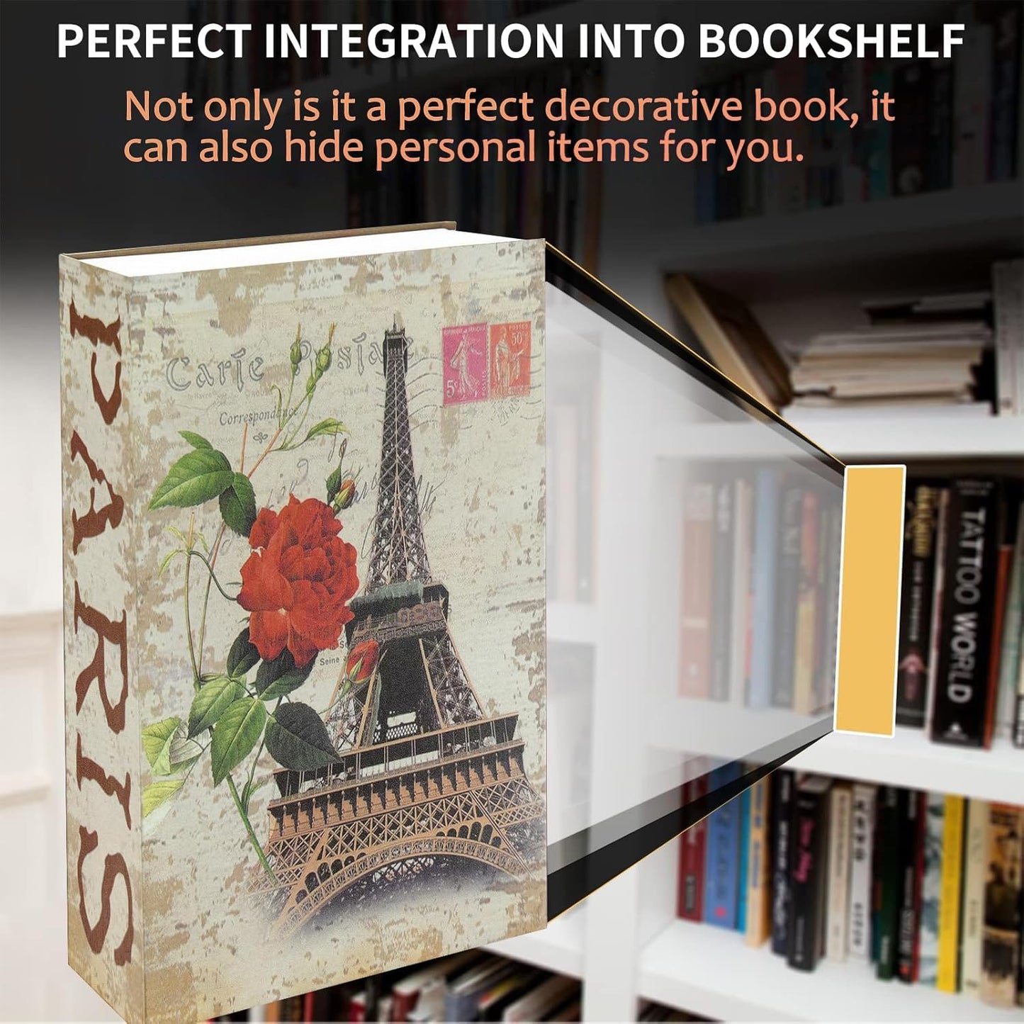 Paris Book Safe Box with Combination Lock, Diversion Safe Vintage Faux Book Hidden Safe for Decoration, Secret Storage Box for Home Office Café Bookshelf Decor (9.5"×6"×2.2")