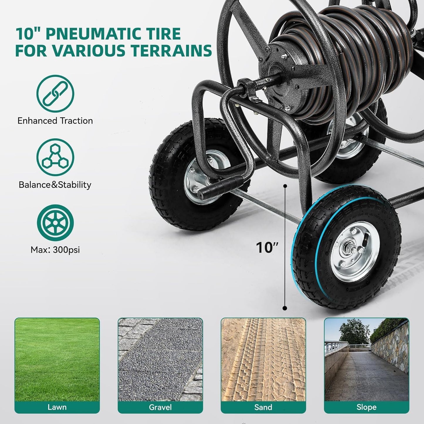 250FT Garden Hose Reel Cart with 10" Pneumatic Tires, Heavy-Duty Steel Frame for Tangle-Free Water Hose Storage, Easy-Rolling Lawn & Yard Hose Holder