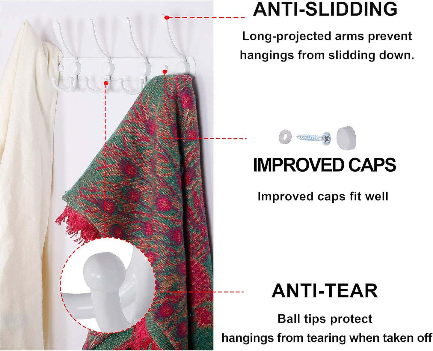 Dseap Wall Mounted Coat Rack - 5 Tri Hooks, Heavy Duty, Stainless Steel, Metal Coat Hook Rail for Coat Hat Towel Purse Robes Mudroom Bathroom Entryway (White, 2 Packs)