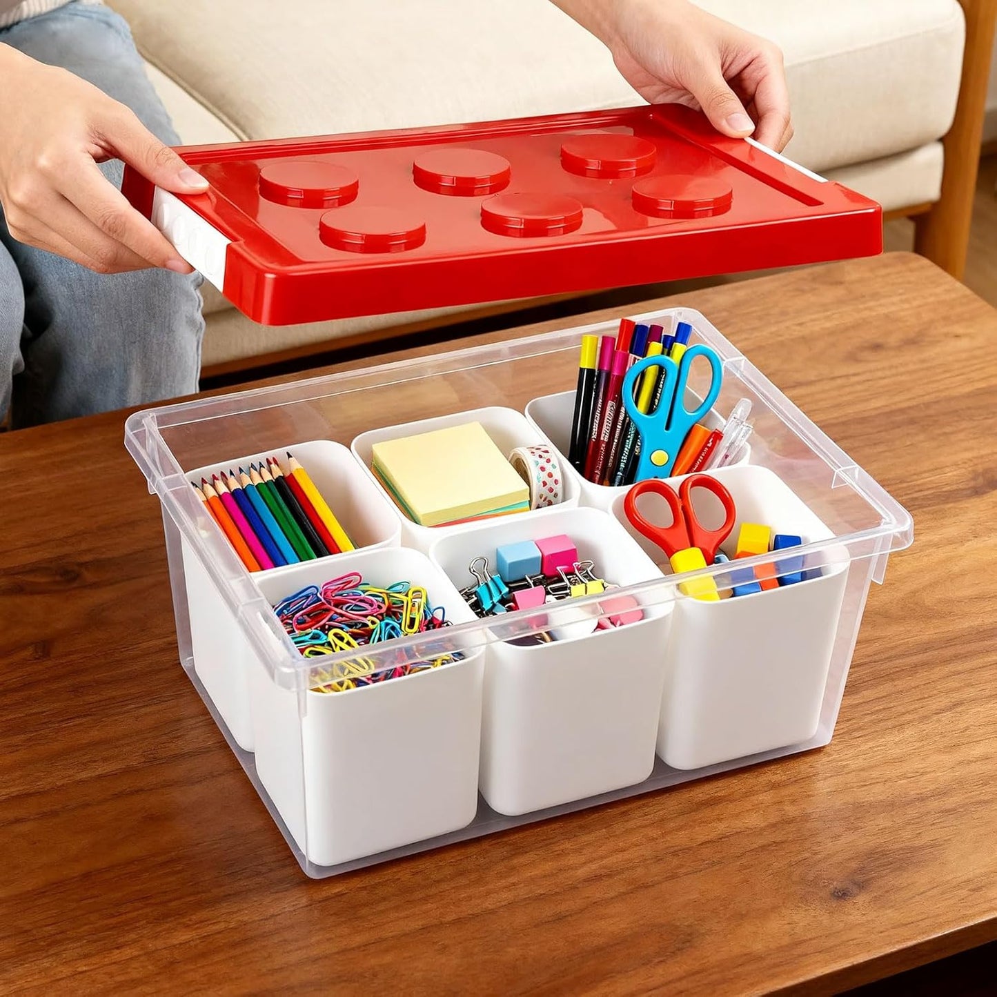 loobuu Plastic Storage Bins with Lids, Art Craft Supply Organizer Box with Brush Pot, Multipurpose Stackable Storage Containers for Organizing Tool, Craft, Crayon,Sewing (Red)