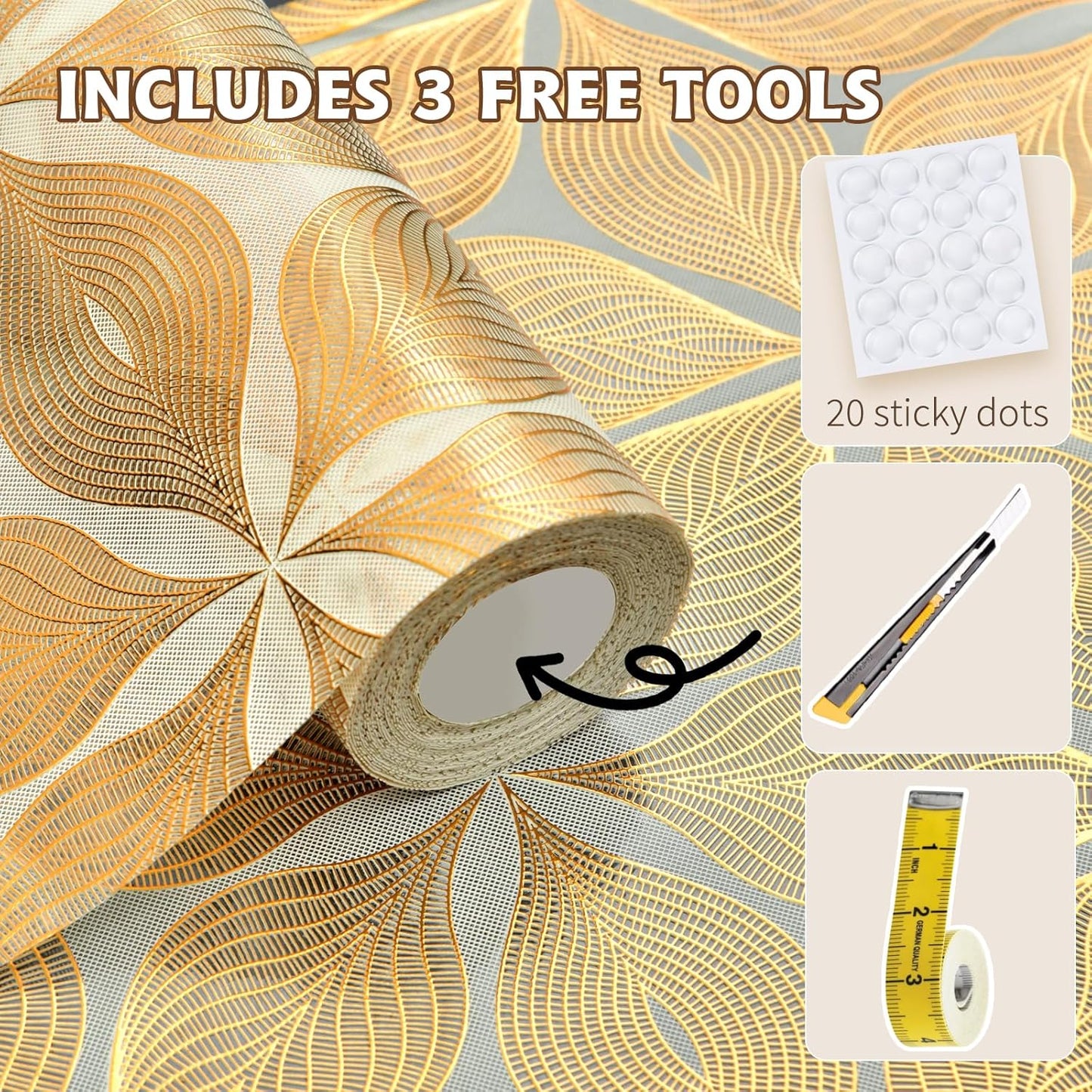 Drawer and Shelf Liner for Kitchen Cabinet,Non-Adhesive Waterproof Drawer Liner for Dresser & Bathroom Vanities with Adhesive Dots & Cutting Tool(24 in X 30 Ft Gold Leaf Pattern)